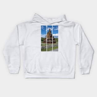 Medieval graveyard and Heddal wooden stave church. Heddal Stavkirke, 13th century. Largest stave church in Norway. Sunny spring day (vertical) Kids Hoodie
